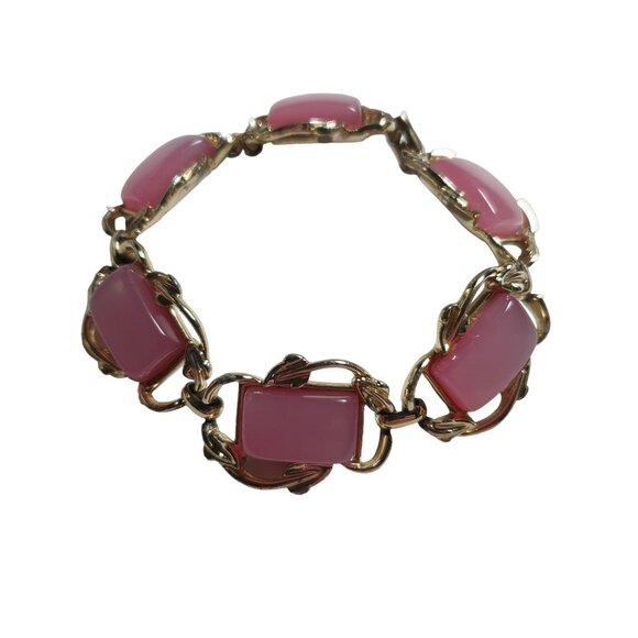 Women Bracelet 7" Gold Tone With Baby Pink Cabochons Fashion Costume Jewlery - Picture 6 of 6